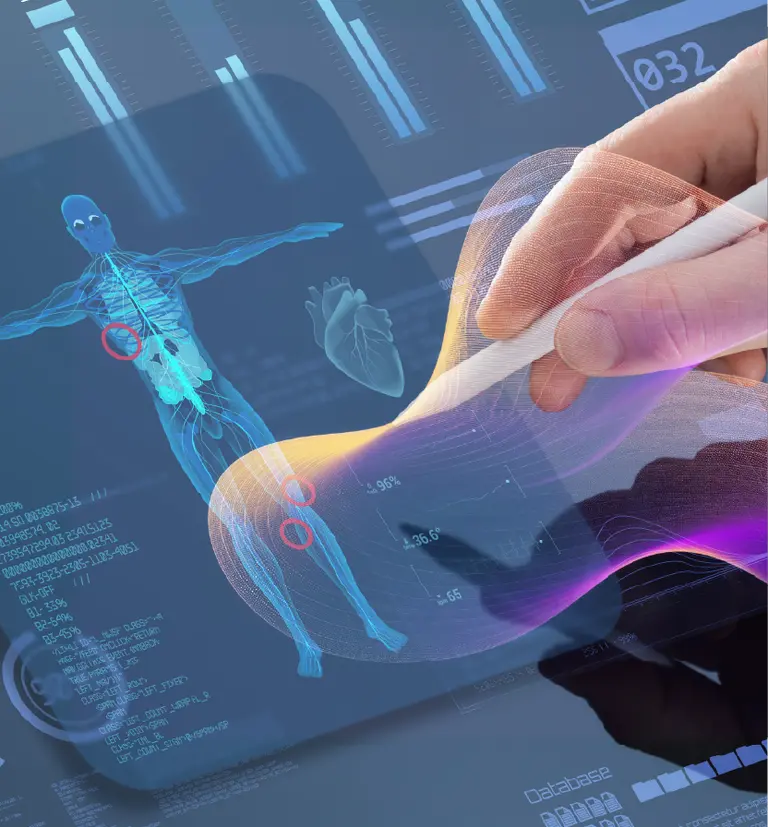 Digital medical innovation showing human anatomy and AI analysis through interactive 3D holographic interface.