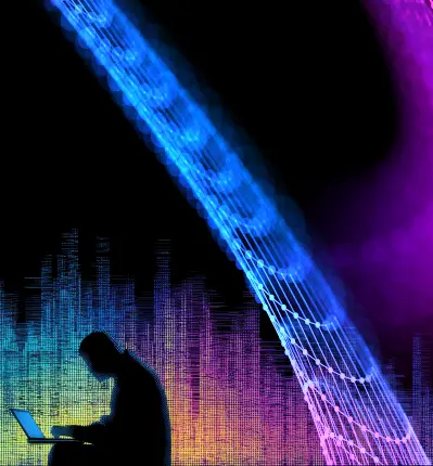  Neon data streams surround a laptop user, symbolizing AI connecting semiconductor engineers with answers.
