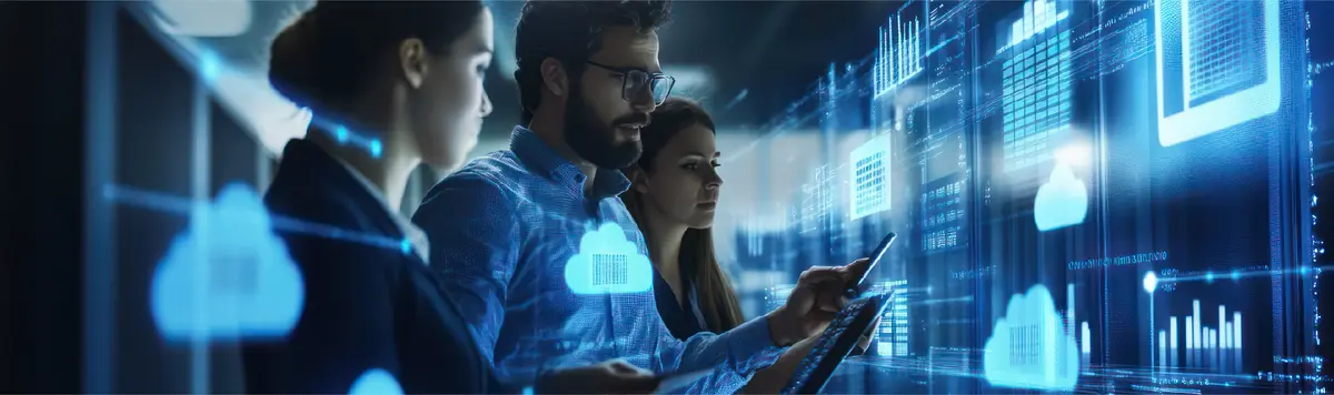 Team analyzing cloud data and digital dashboards to drive enterprise insights and decision making