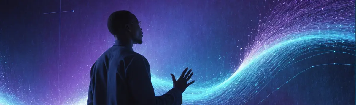 Man interacting with glowing AI data visualization wave representing digital transformation and machine learning.