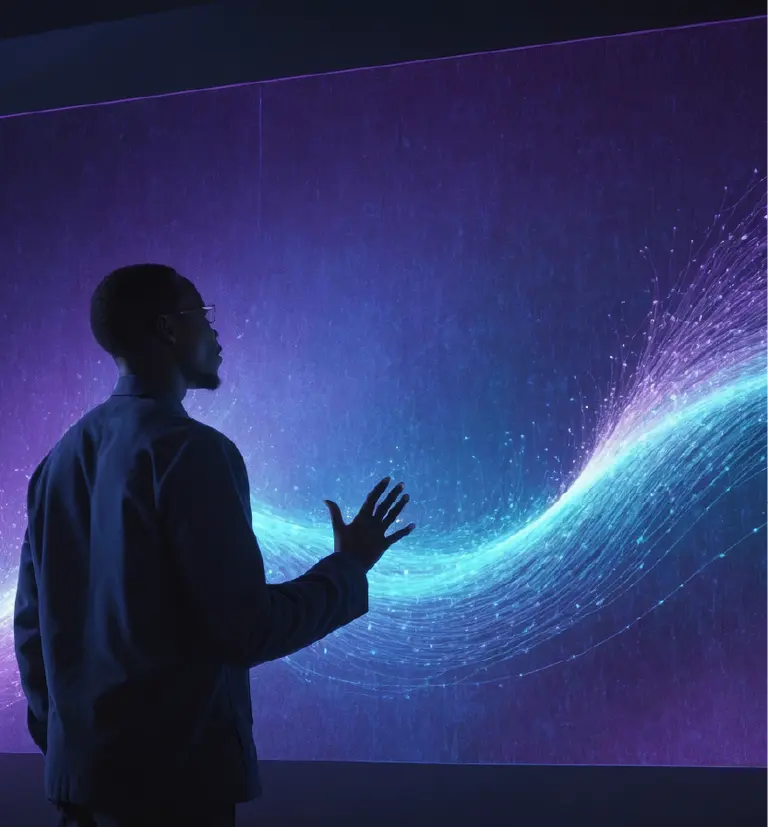 Man interacting with glowing AI data visualization wave representing digital transformation and machine learning.