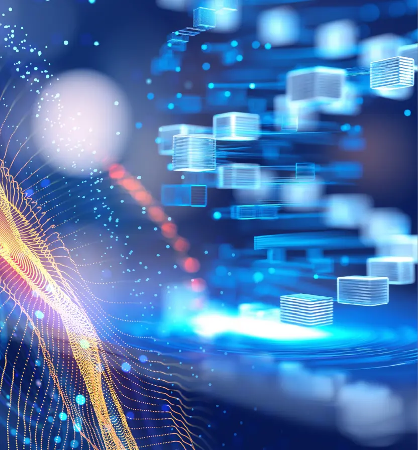 Futuristic blue digital data blocks and orange particle waves illustrating healthcare data connectivity.