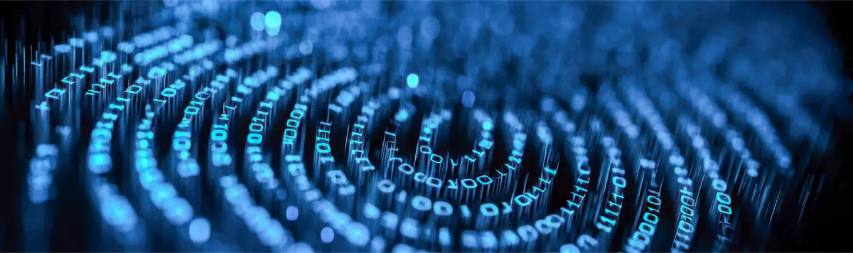 Digital data streams and binary code representing cloud analytics and enterprise data fabric
