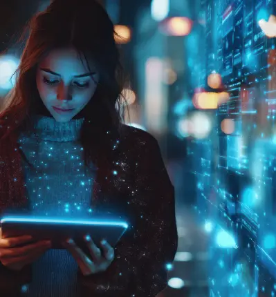 Woman using glowing tablet at night with futuristic digital data overlay and bokeh lights representing connected technology