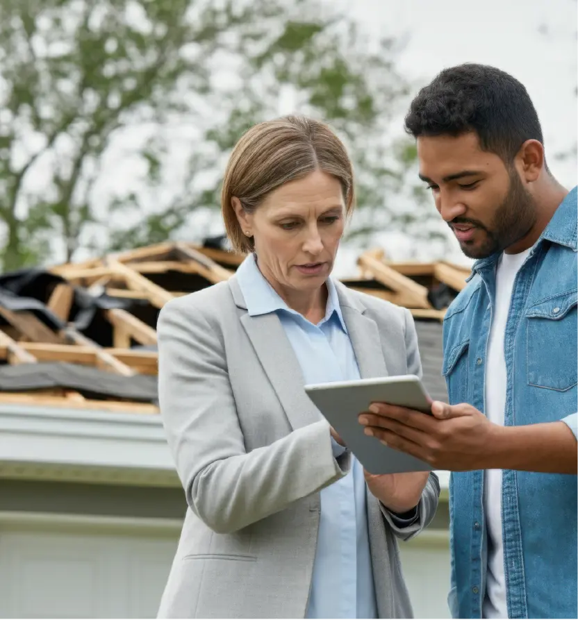 Insurance adjuster and homeowner reviewing claim details on tablet in front of storm damaged roof requiring repair assessment