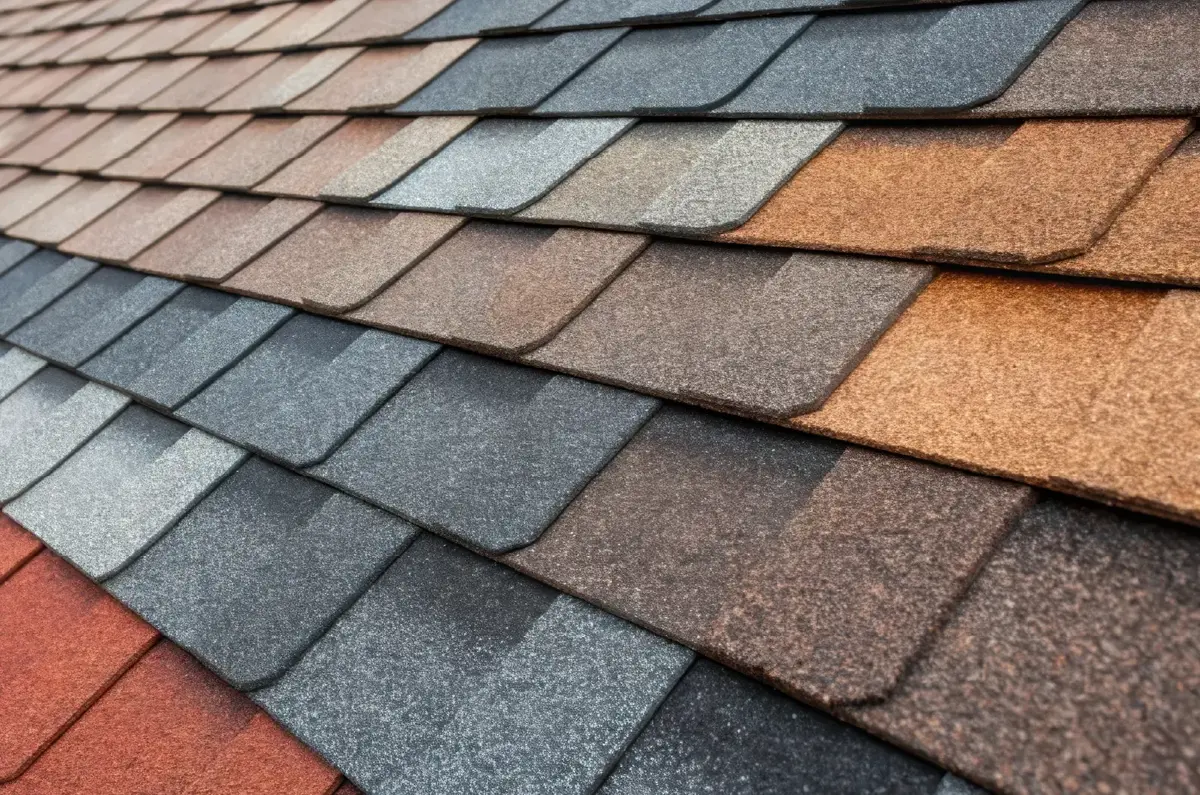Layered roofing shingle samples displaying multiple color options including red brown blue gray beige and copper tones