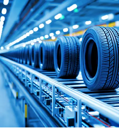 Automotive tires moving on a production line in a modern manufacturing facility Mobile