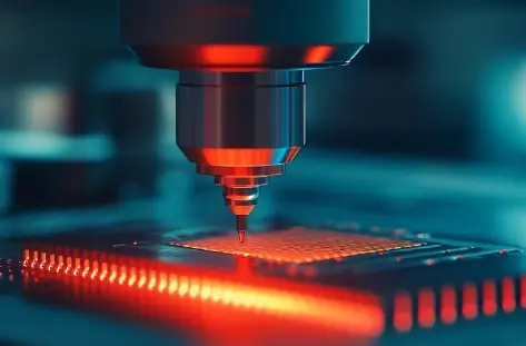 Close-up of a precision machine working on a glowing microchip representing advanced semiconductor manufacturing Mobile
