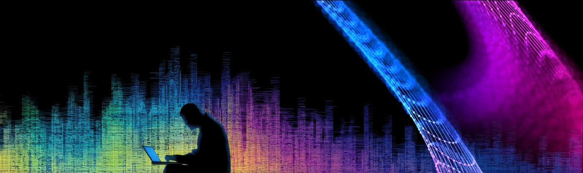  Neon data streams surround a laptop user, symbolizing AI connecting semiconductor engineers with answers.