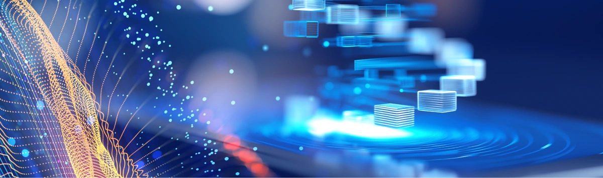 Futuristic blue digital data blocks and orange particle waves illustrating healthcare data connectivity.