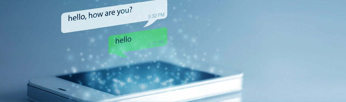 Floating chat bubbles above a smartphone represent digital communication for medical device patient support.