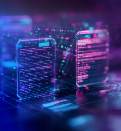 Futuristic holographic data screens with code representing SAP SuccessFactors AI and data transforming modern HR