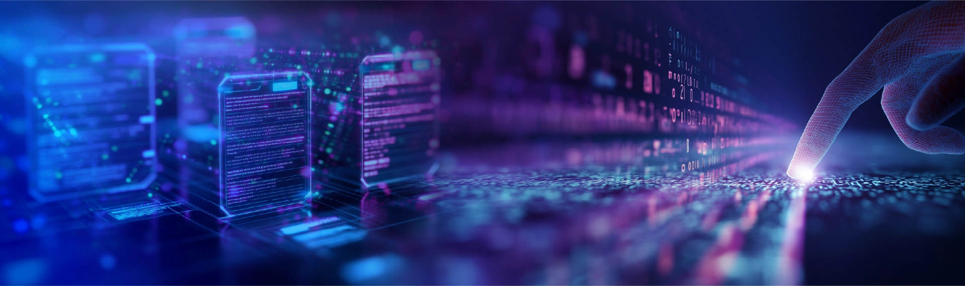 A futuristic digital interface showing data panels and a virtual hand touching a glowing point on a tech surface