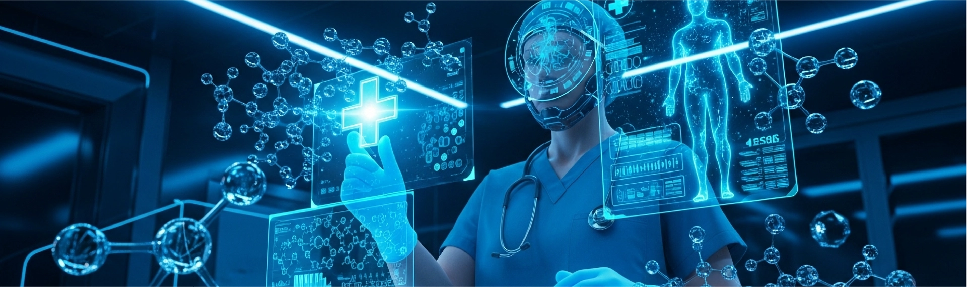 Doctor interacting with holographic medical data and 3D health visuals in a futuristic digital lab