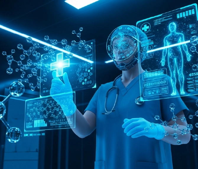 Doctor interacting with holographic medical data and 3D health visuals in a futuristic digital lab