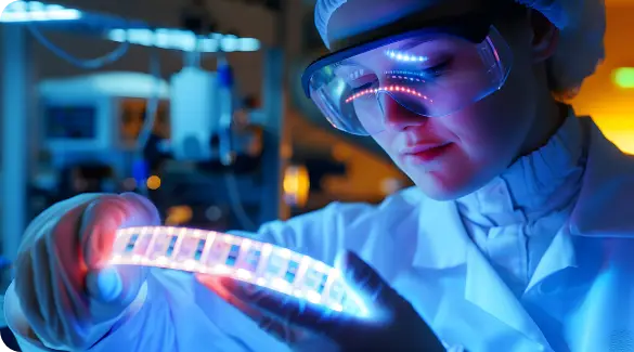 A researcher’s goggles reflect neon light as she examines a glowing flexible sensor, shaping the future of MedTech.